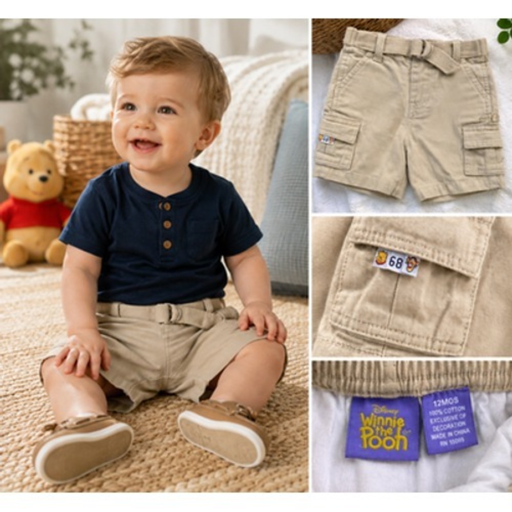 Vintage‎ Disney Winnie The Pooh Baby Cargo Shorts 12M Khaki Belted Sears NWT